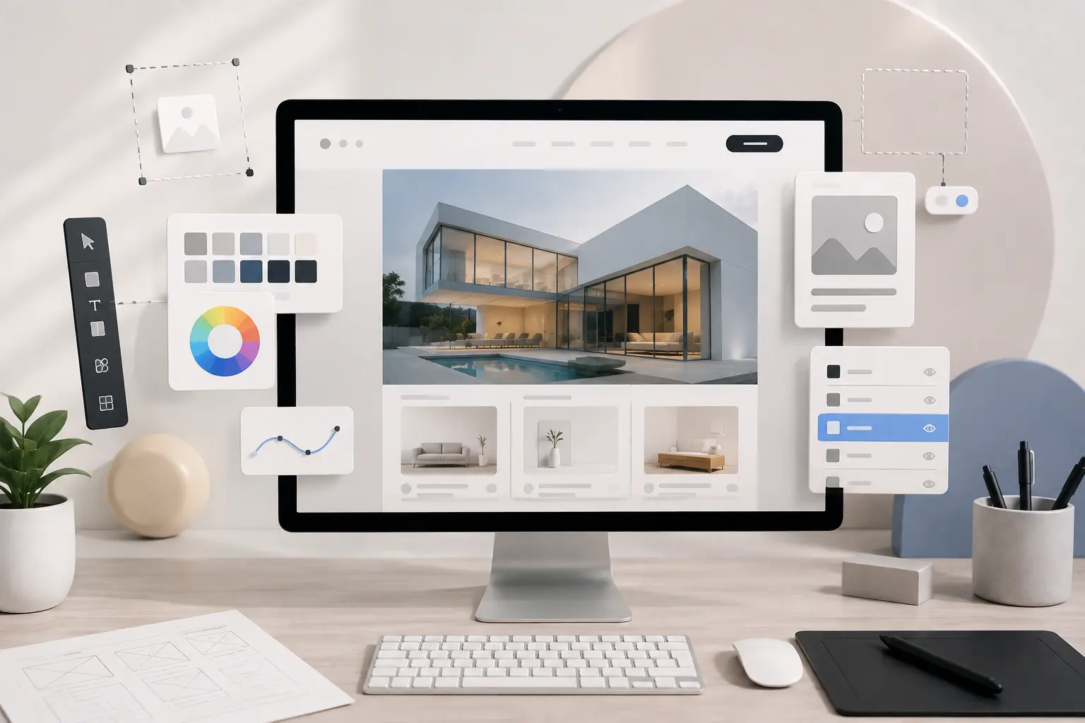 Creative website design workspace showcasing custom website development for startups, small businesses, and growing brands.