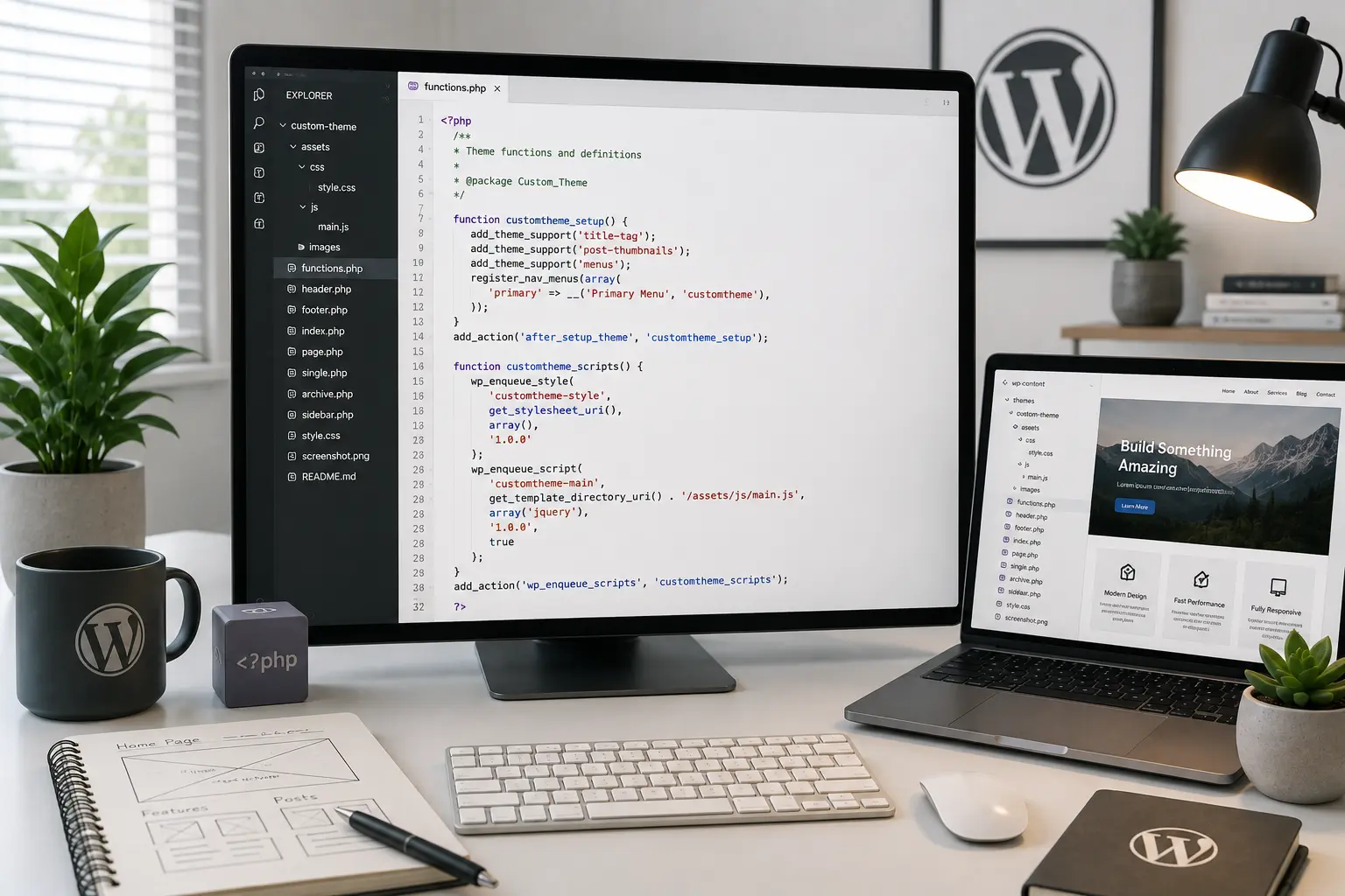 Freelance PHP developer building a custom WordPress theme from a design file