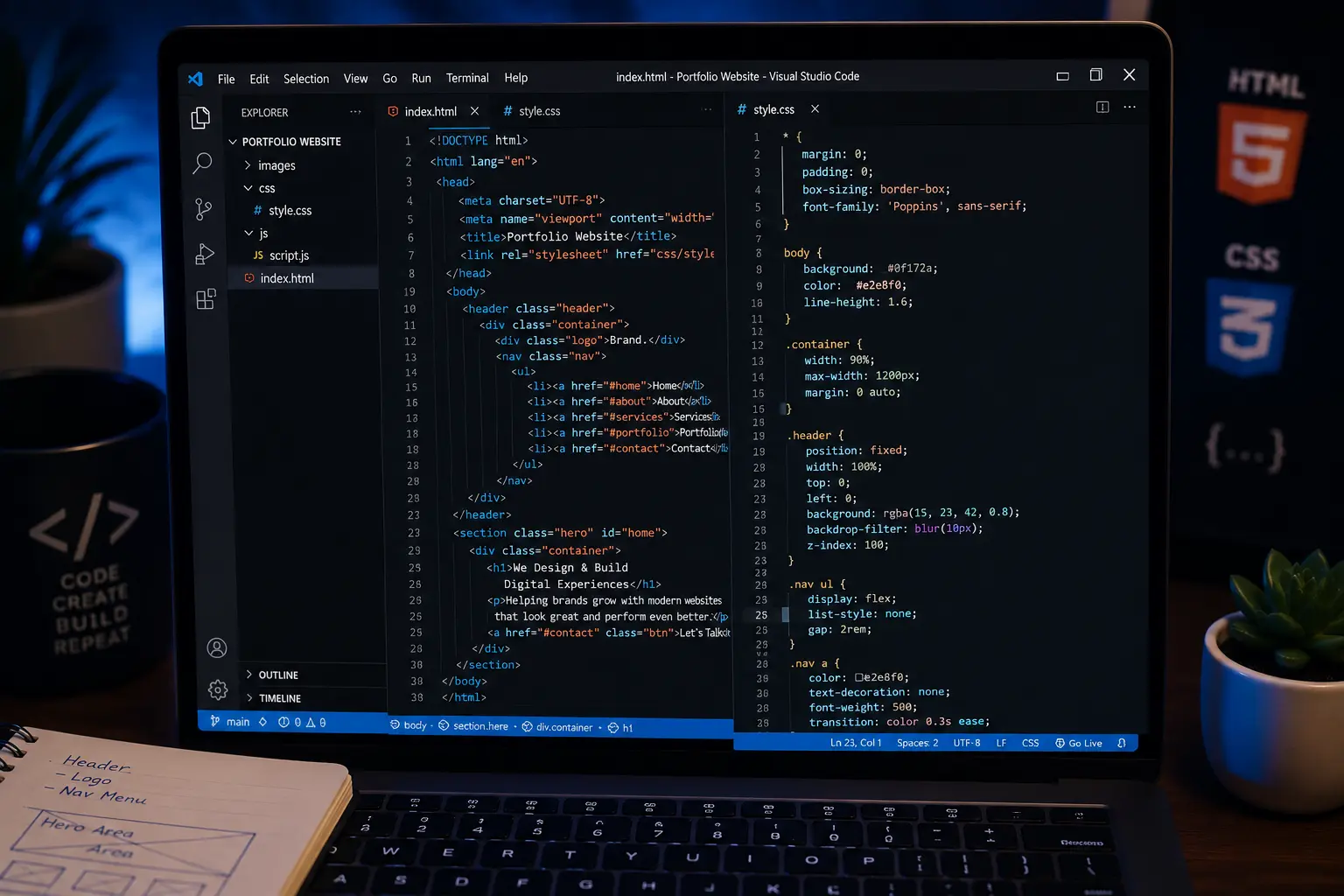 Hand-coded website development shown in a code editor with clean HTML and CSS