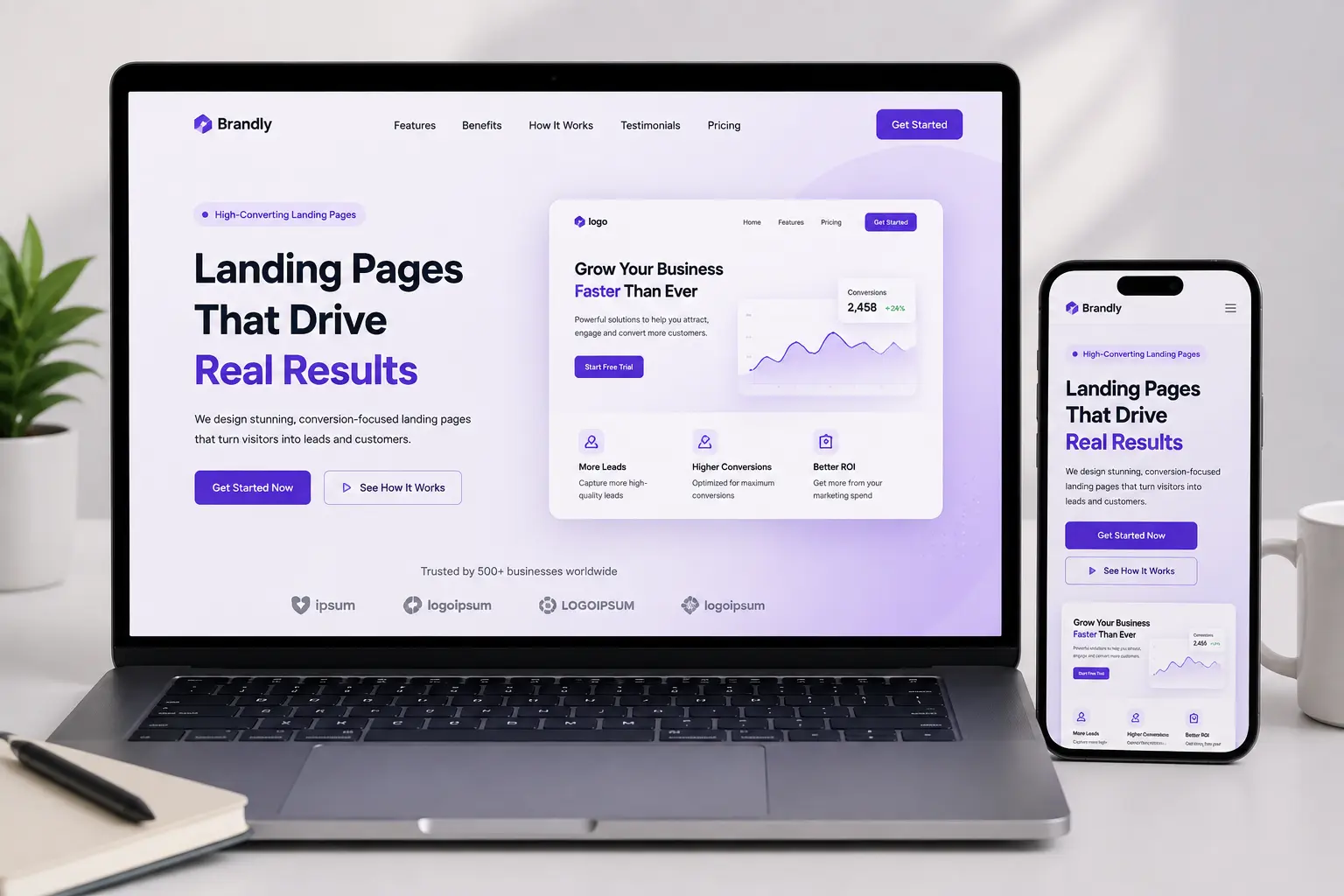 Landing page design services mockup shown on mobile and desktop screens