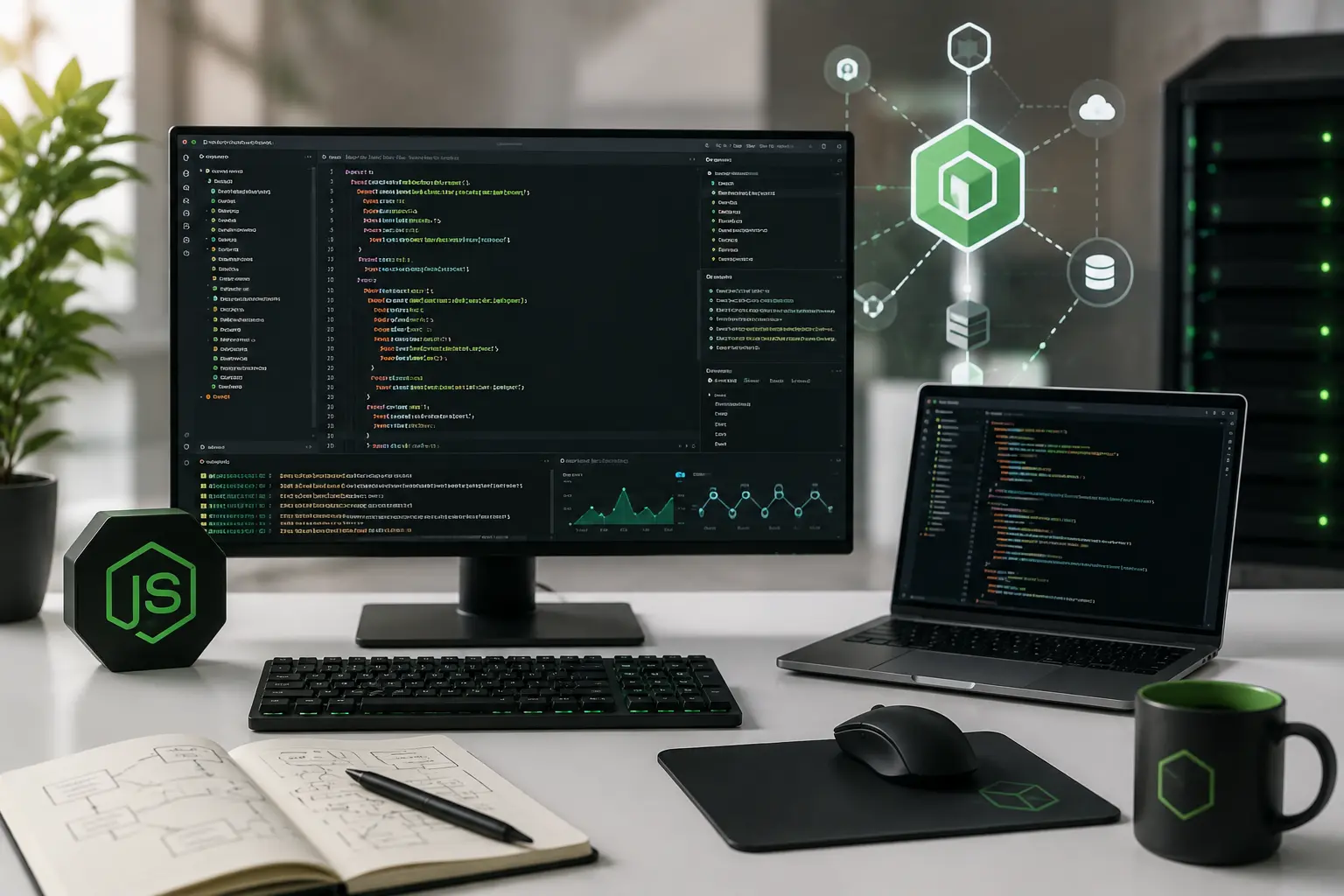 Node.js backend developer diagram showing API and database architecture
