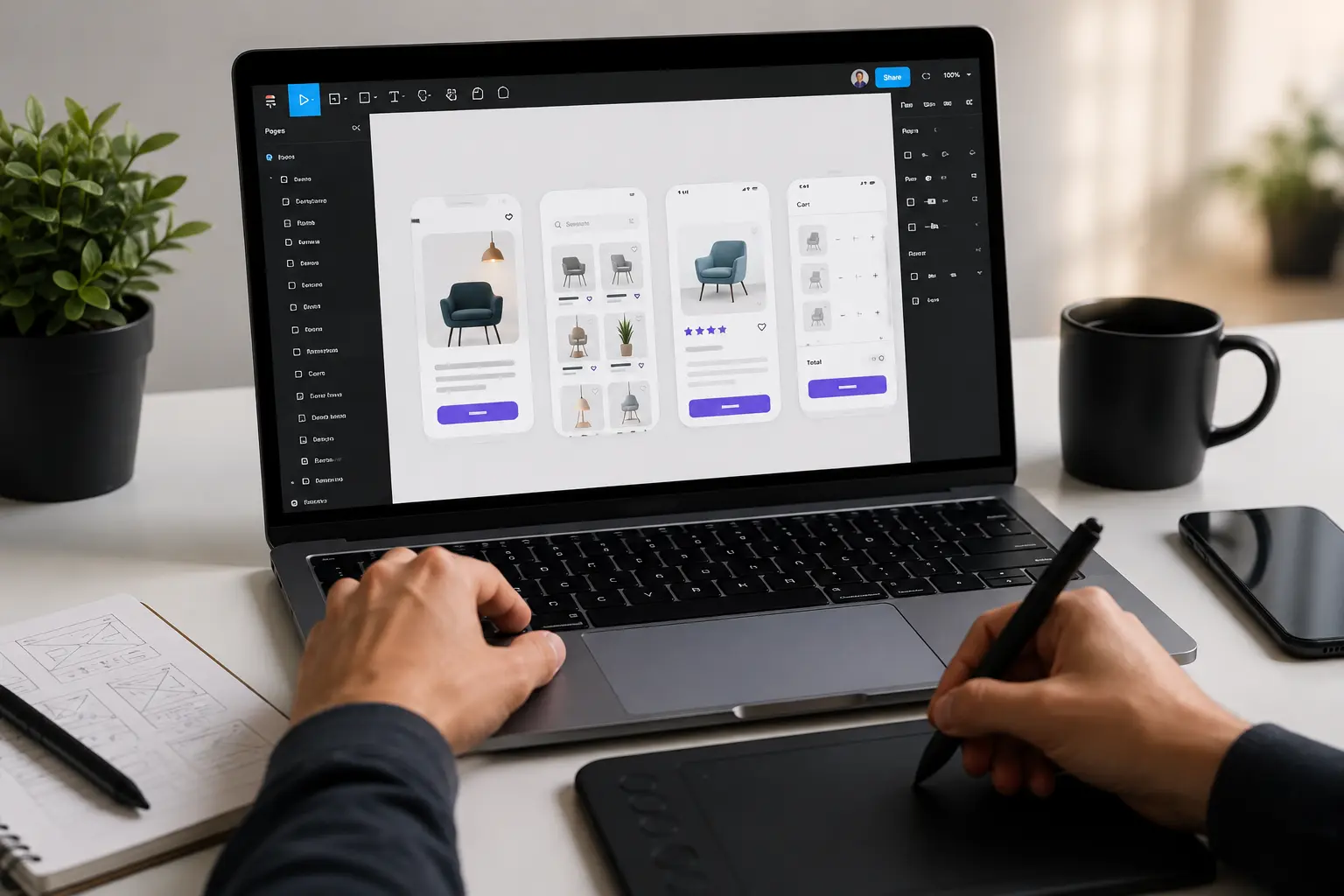 UI/UX design services mockup shown in Figma on desktop and mobile screens