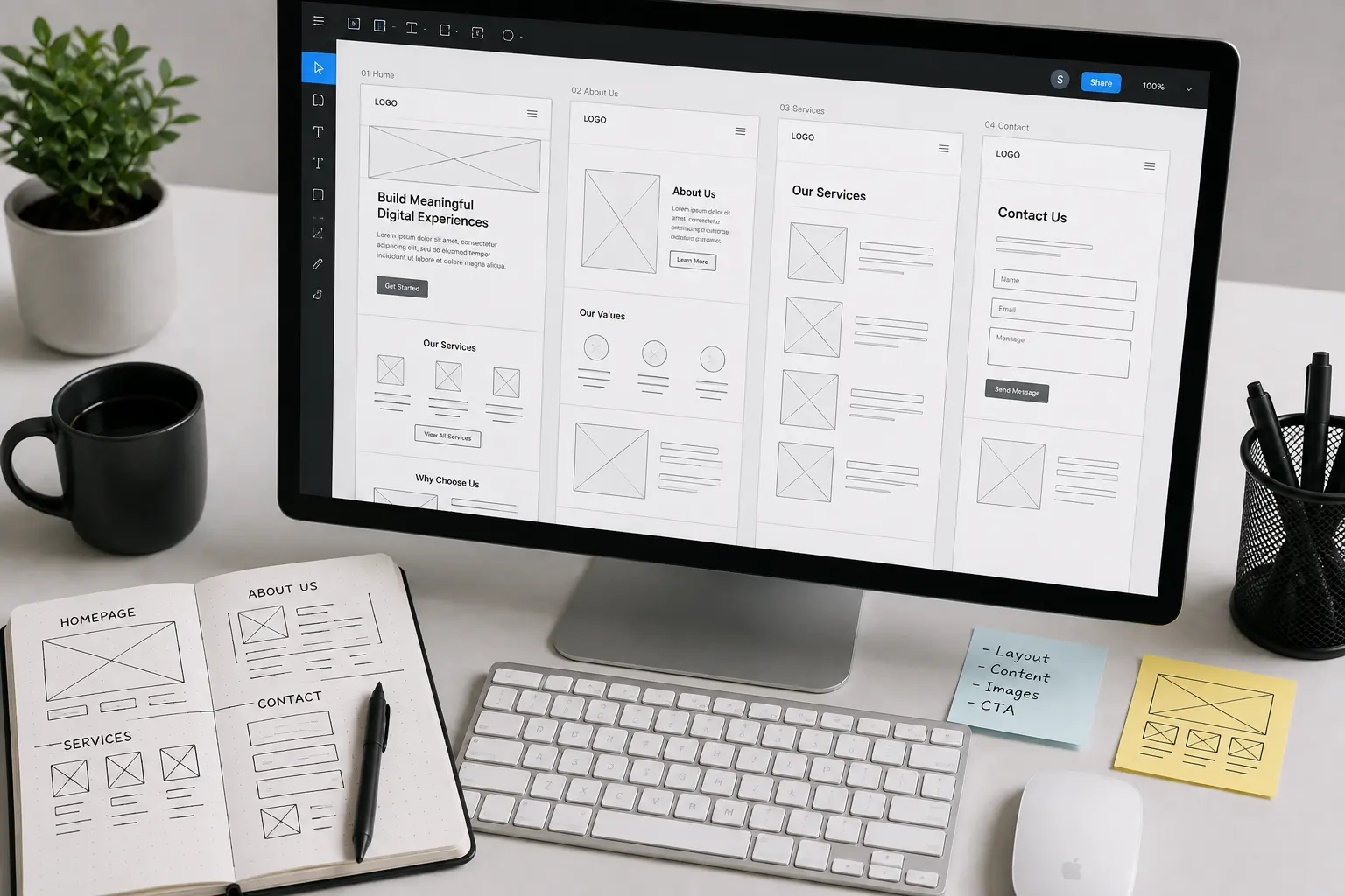 Website wireframing services sitemap showing page structure and navigation flow