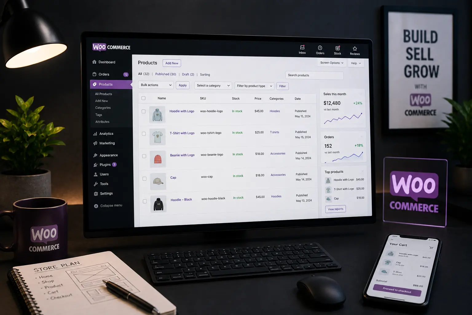 Custom WooCommerce store design shown on desktop and mobile